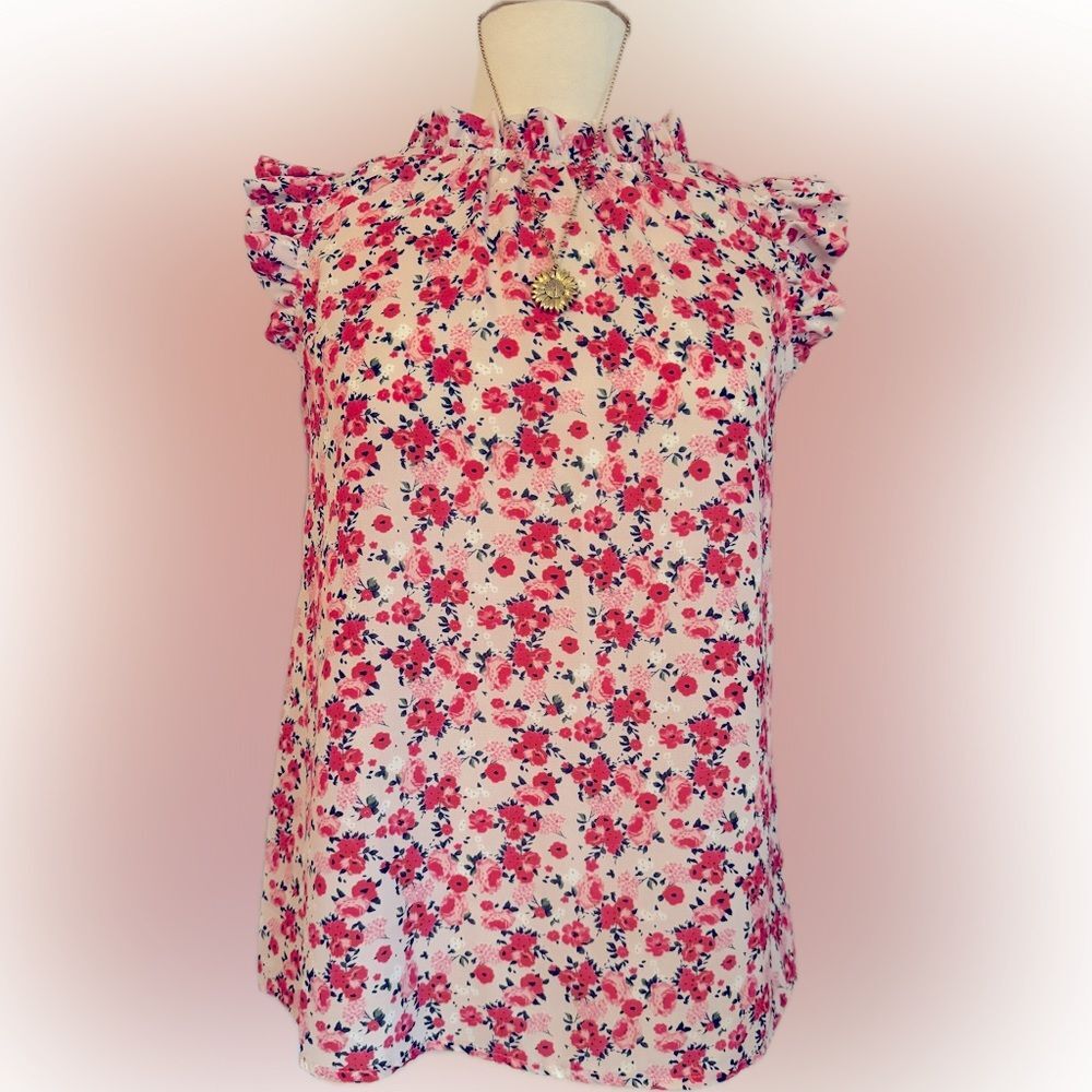 Allimy Women Summer Ruffled Trim Neckline floral top!